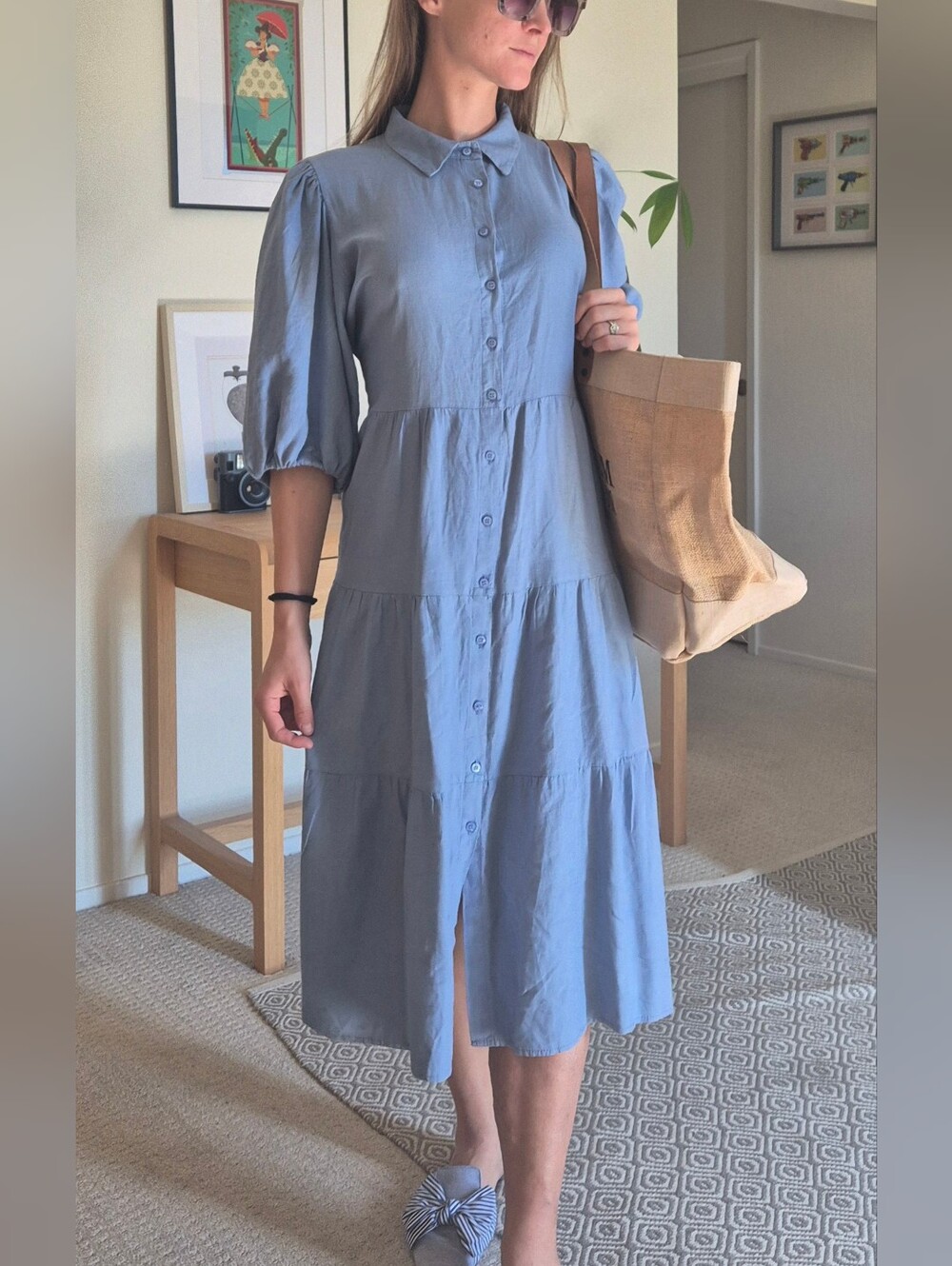 Magari Linen Light Blue Tiered Button-Front Midi Dress Size M